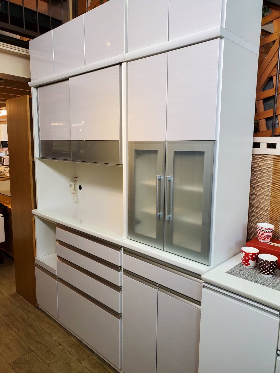 松田家具 食器棚 キッチンボード 特大 ホワイト 幅140cm 高さ210cm 